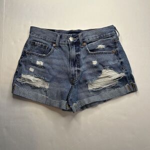Aeropostale Jean Shorts Womens Sz 4 High Rise Mom Distressed Roll Up Denim